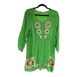 Johnny Was Silk Embroidered Button Dress In Green Size S